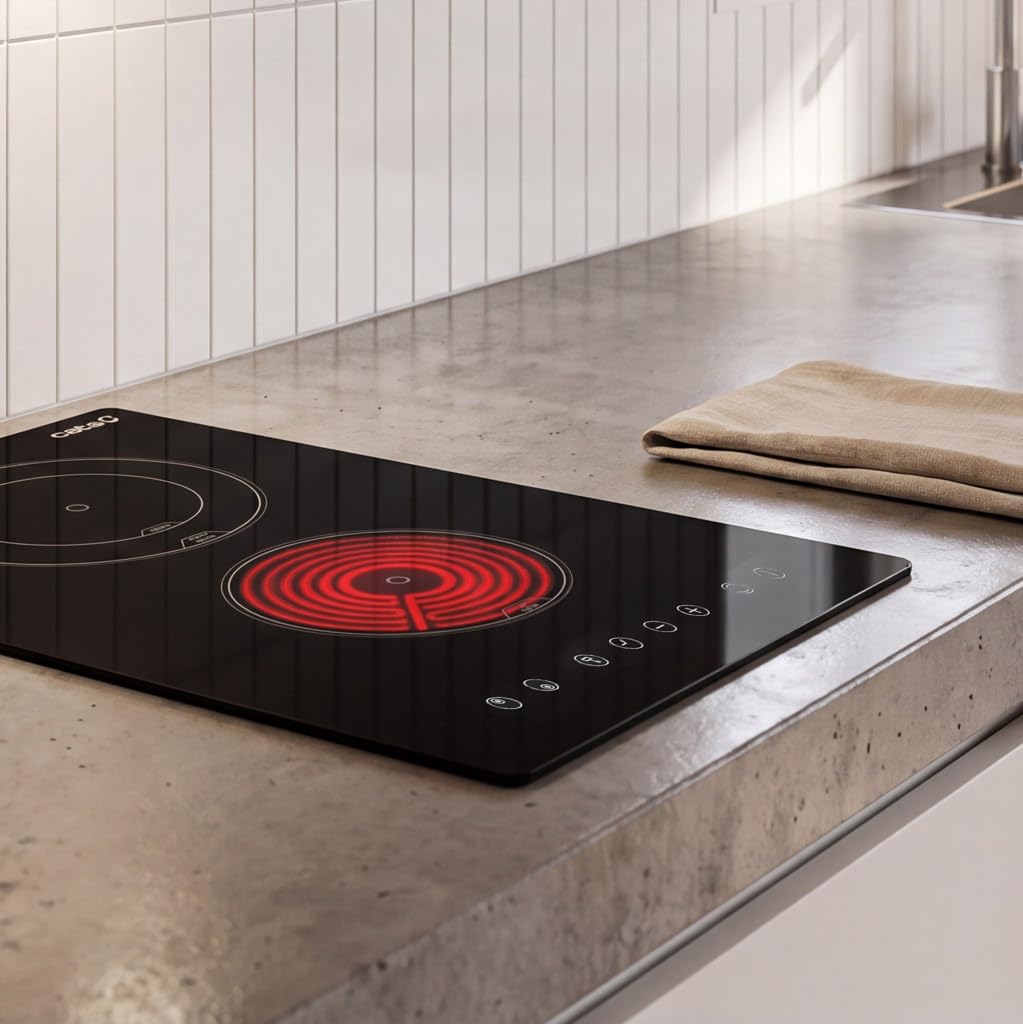 Cata Placa Vitrocerámica TD 3002 BK, 2 Zonas High Light, 9 Niveles de Potencia, Ancho de 30 cm, Potencia 3 Kw, Bloqueo Seguridad, Desconexión Automática, Control táctil con Avisador, Negro