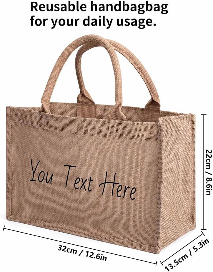 Maylrvjv Personalized Jute Burlap Tote Bags Customized Tote Bag Add Your Text/Name Reusable Grocery Shopping Bag