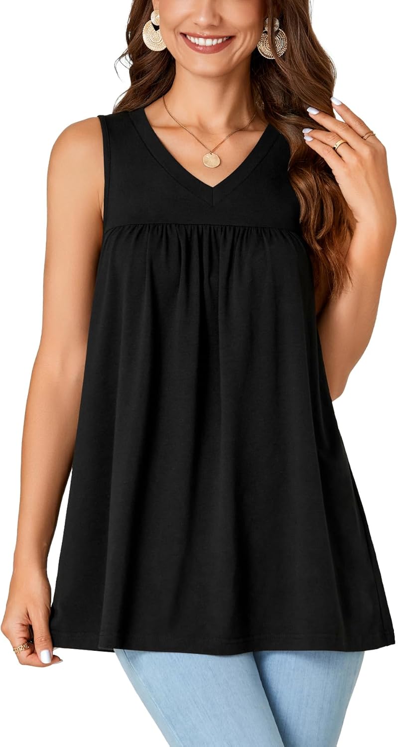 Vrtige Women's Summer Tank Top Casual V Neck Sleeveless Loose Fit Pleated Shirt Blouse - Image 2