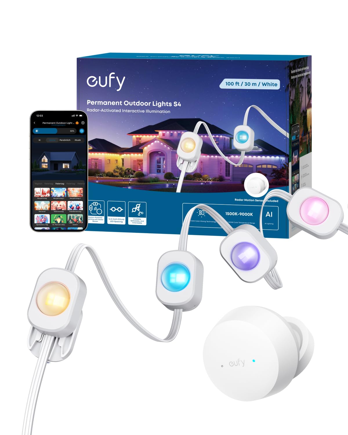 eufy Festinstallierte Outdoor-Lichterkette S4 – 30 m mit 72 LEDs, Radaraktivierte Beleuchtung, IP67 wasserdicht, KI-Stimmungslicht, Steuerung mit eufy-Kameras, Smart-RGBWW für Alltag & Feiertage