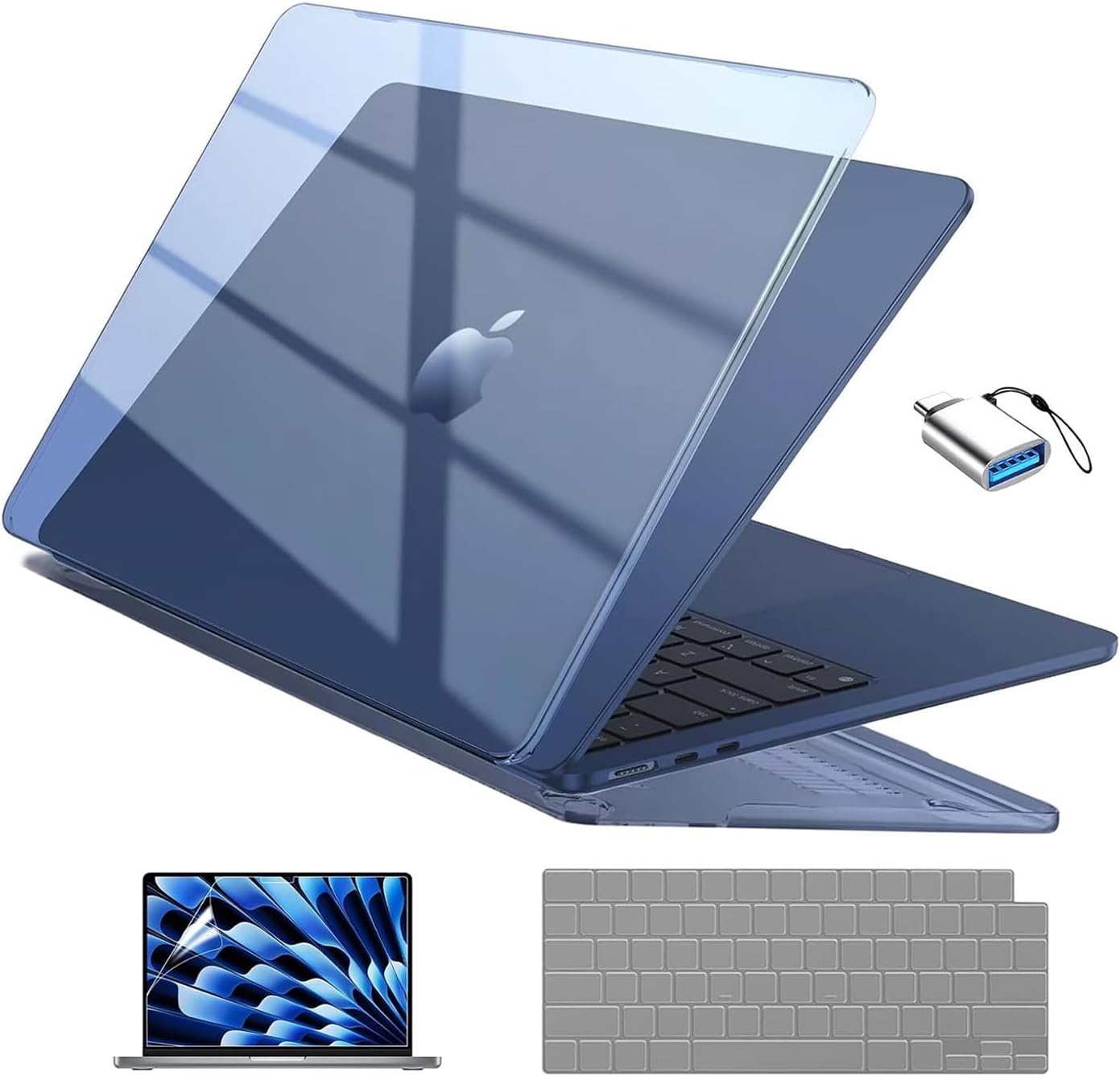 EooCoo Compatible with MacBook Air 13 inch Case M5 2026-2022 M4 M3 M2 Model A3449 A3240 A3113 A2681, Mac Air 13.6 inch Hard Shell & Keyboard Cover & Screen Film & Type-C, Crystal Midnight