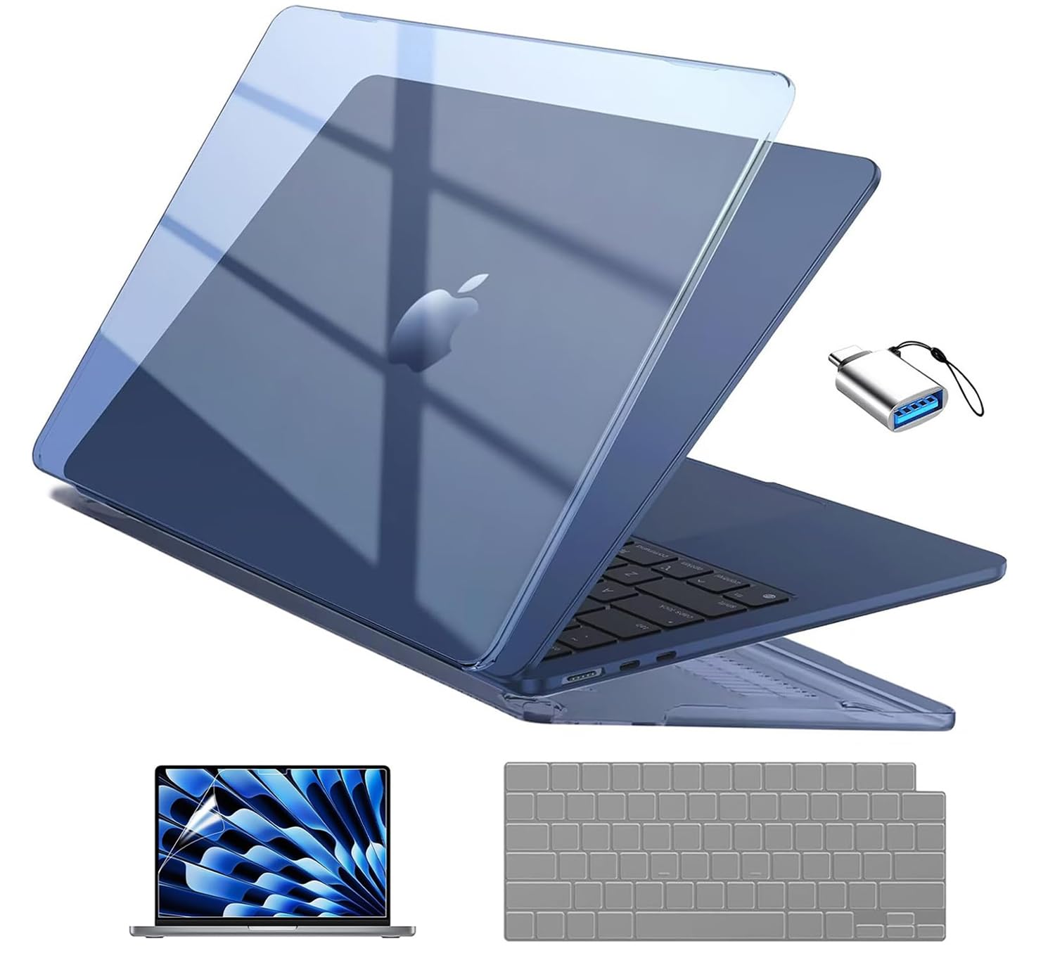 EooCoo Compatible with MacBook Air 13 inch Case 2026 2025-2022 M4 M3 M2 Model A3240 A3113 A2681, Mac Air 13.6 inch Clear Hard Shell & Keyboard Cover & Screen Film & Type-C, Crystal Midnight