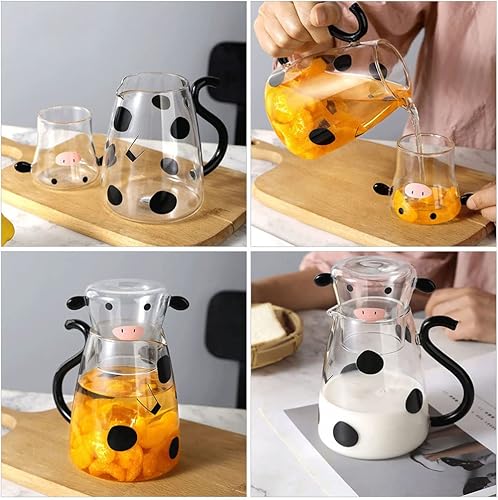 Miniatura 8 de Zerodeko Jarra de vidrio con taza de vidrio con forma de vaca, jarra de agua fría con forma de vaca, jarra de té, jarra de agua para noche, jarras