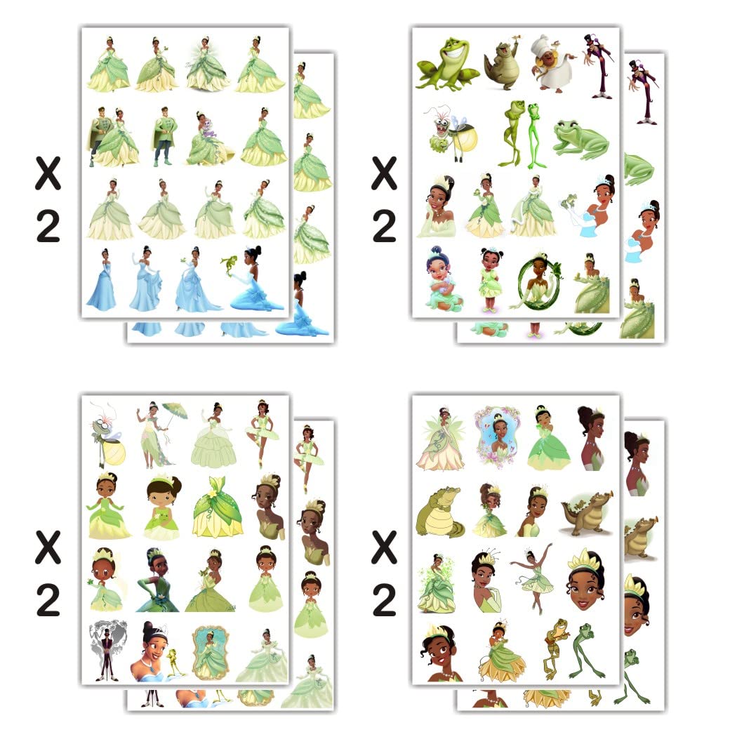 8 Sheets Princess Tiana Temporary Tattoos for Girls, Princess and the Frog Toys Party Favors for Baby Shower Birthday Party Decorations Supplies
