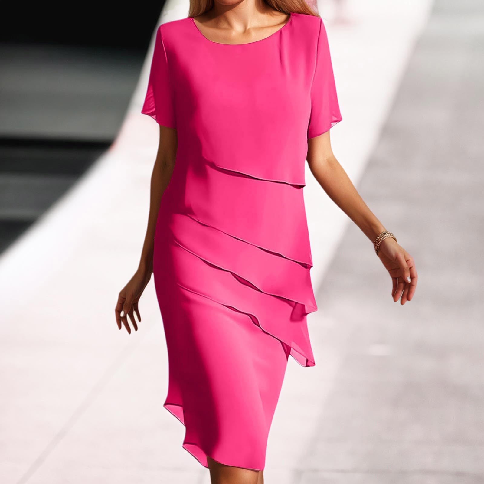 hmbudp Women's Dresses For Wedding Guest Formal Tiered Pleated A Line Flowy Dress Party Elegant Short Sleeve Layered Dresses