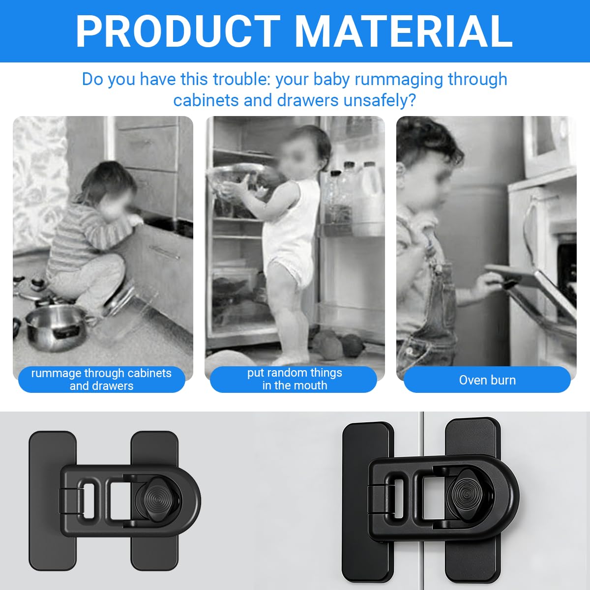 Serrure de Porte de Réfrigérateur de Sécurité Enfant, Lot de 4 Verrous ABS Noirs avec Rotation 90°, Protection Bébé pour Frigo, Tiroirs et Armoires