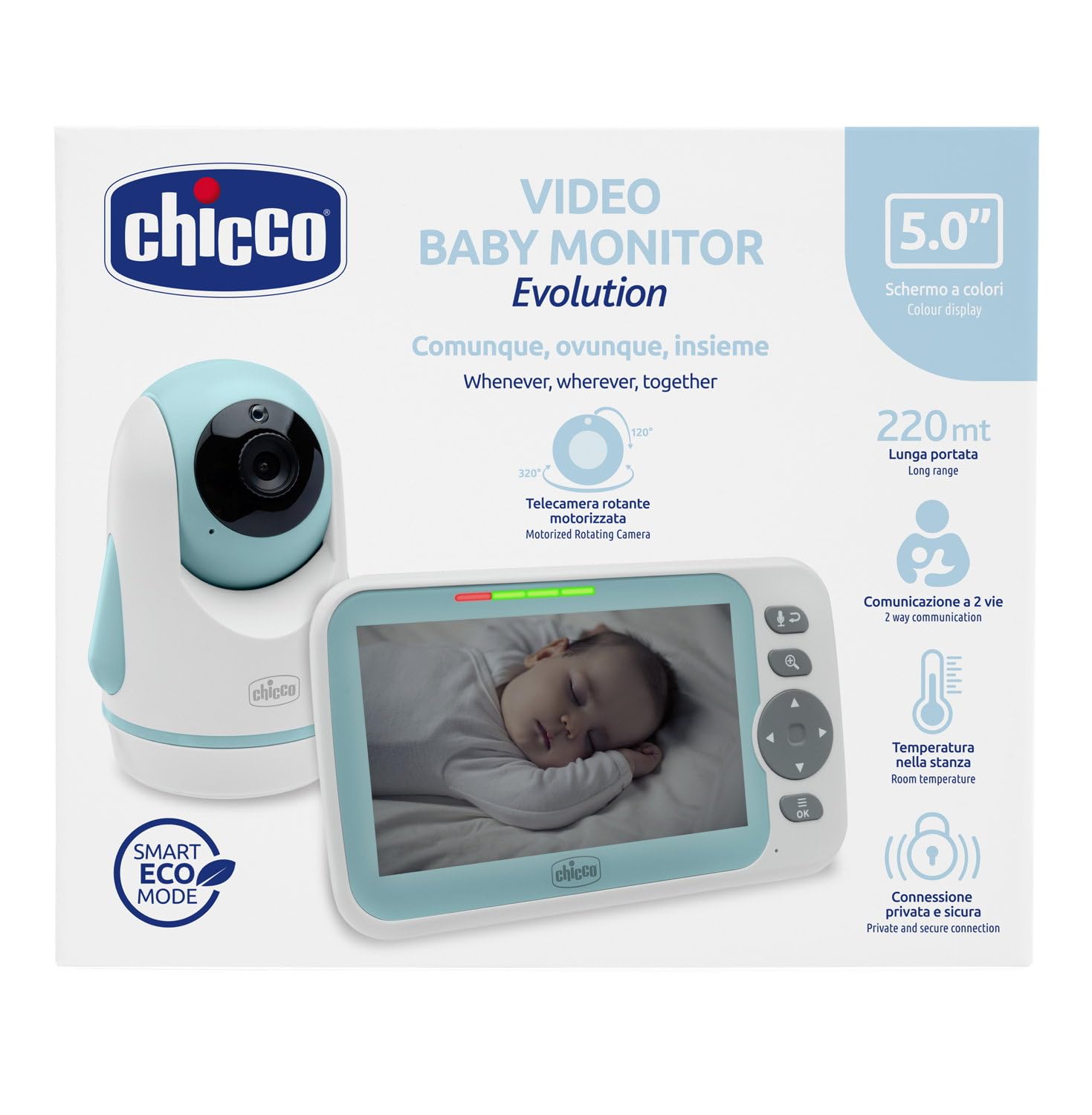 Chicco Baby Monitor Video Evolution 5" Telecamera Rotante Schermo a Colori 220m Termometro Suoni Bianchi No WIFI