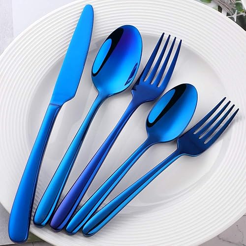 Miniatura 7 de Juego de cubiertos, lujoso cuchillo de acero inoxidable, tenedor de cena, tenedor de postre, cuchara de cena, cuchara de té, cubiertos (azul, 5