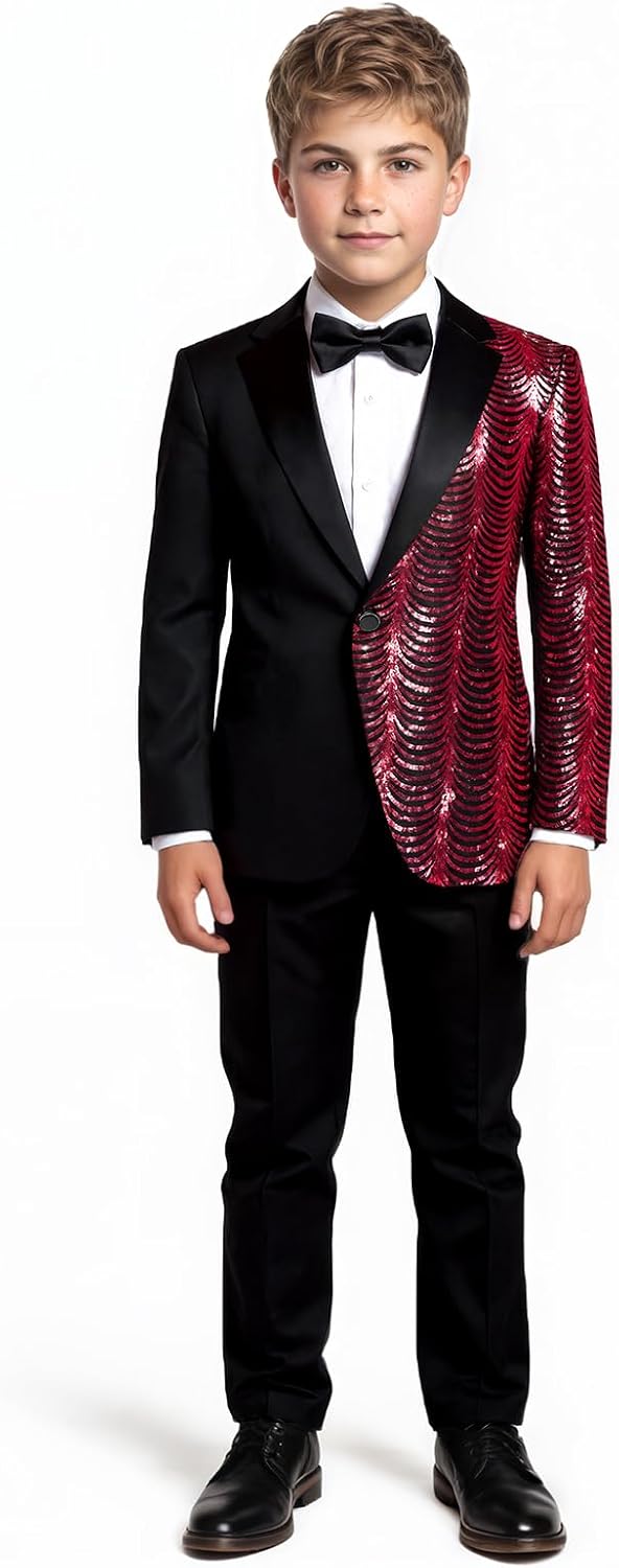 Pyiujtr Boys 4-Piece Tree and Wave Sequins Shiny Suit Jacket Shirt Bow Tie Pants Set for Performance Stage 6-16Y