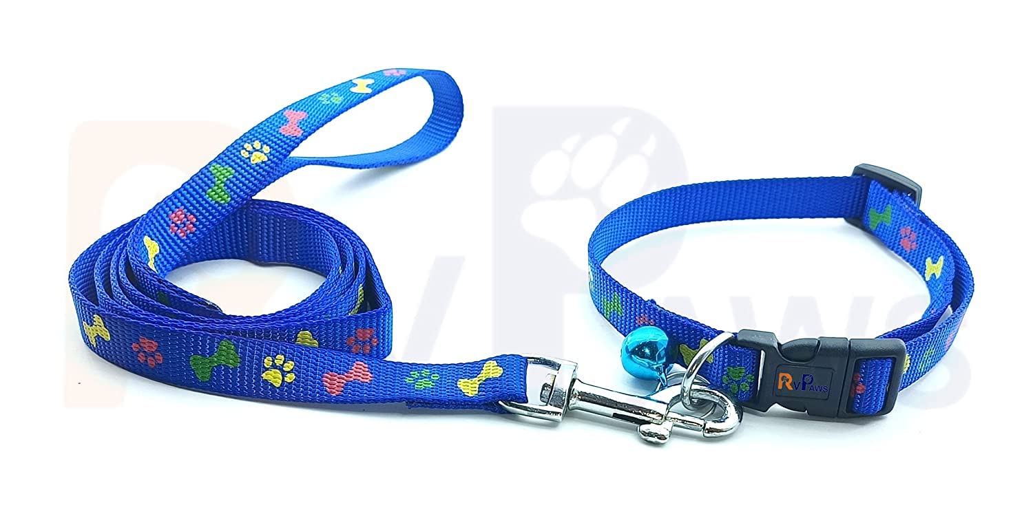 Woofy Dogs Adjustable Printed Nylon Collar and Leash Set | Paw and Bone Print Collar & Leash with Bell | Collar and Leash Set for Puppies, Small & Medium Dogs, Cats (Blue) (B0BQYZB8QQ) Amazon Price History, Amazon Price Tracker