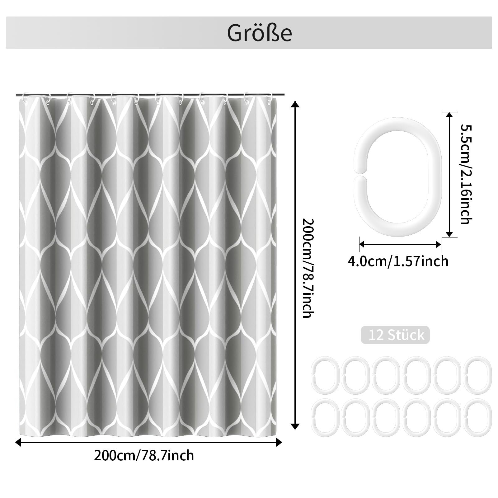 AwmnSrman Shower Curtain - Grey Shower Curtain with 12 Shower Curtains Hooks, Quick-Drying Modern Elegant Design Polyester 200 x 200cm - Image 2