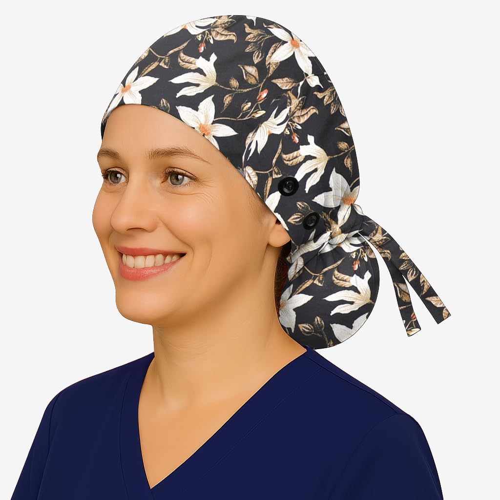 Surgical Scrub Ponytail Working Caps floral, Women Nursing Hats with Buttons Adjustable - Image 2