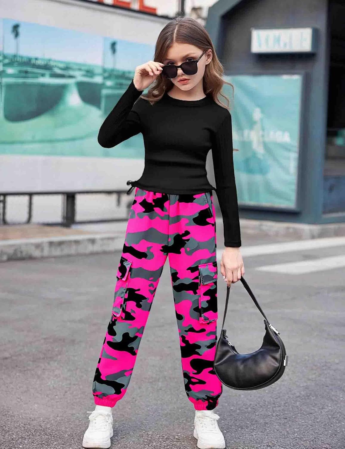 mksodop Girls Clothes Ruched Drawstring Short Sleeve Knit Top and Camo Print Pants 2 Piece Girls Outfits image 5