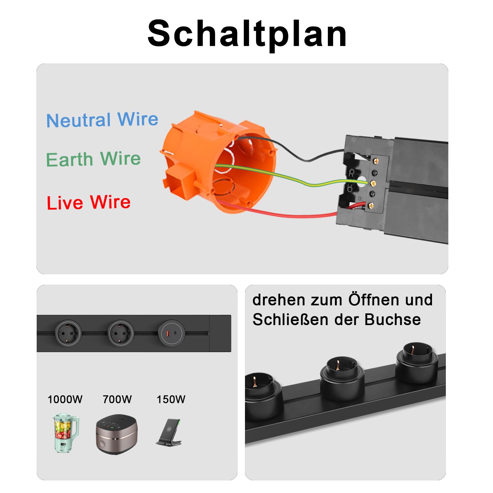 CNBINGO Stromschiene Stromschienensteckdose Schwarz - 4 Adaptern (3 Wandsteckdose, 1 USB-A, 1 USB-C) für Küche Wohnzimmer Zuhause Büro 600mm 7360W Orbital Mehrfachsteckdose