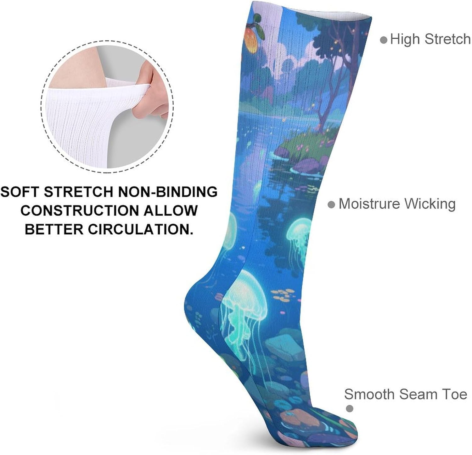 Fluorescent Jellyfish Lake Crew Socks High Stocking Thermal Socks | Tube Socks-Breathable-Moisture-Soft-wicking for Hospital Pilates Yoga for women men Grippy for office and daily walking
