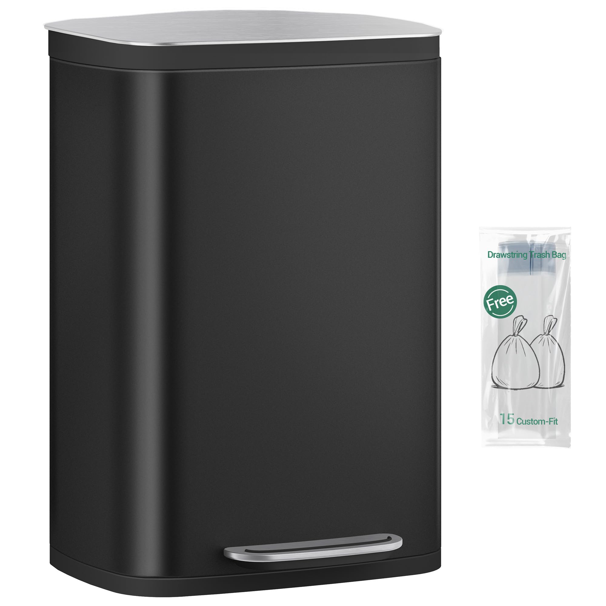 Hzuaneri Kitchen Bin 50 L, Pedal Bin with Soft-Close Lid, Stainless Steel Rubbish Bin with Handle, Removable Inner Buckets, 15 Inner Buckets, Black SW15099B