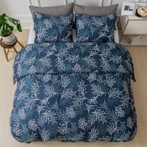 Image of Lekesky Reversible Duvet Cover Queen Size, Navy Blue Branch Comforter Cover Queen 3pcs Microfiber Botanical Bedding Set with Zipper Closure Corner Ties