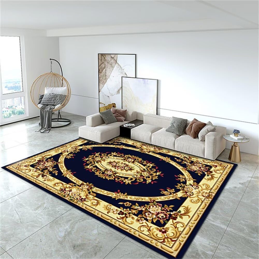 Tapis chambre ado bleu foncé et jaune vintage, grand tapis de chambre adulte 200x300