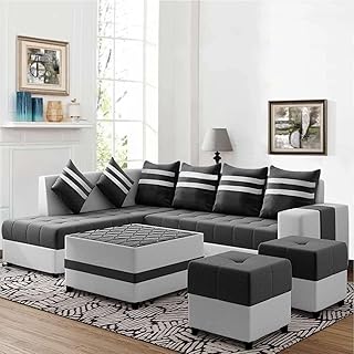 CasaStyle Stylio 8 Seater Fabric LHS L Shape Sofa Set with Centre Table & 2 Puffy (Dark Grey-Light Grey)