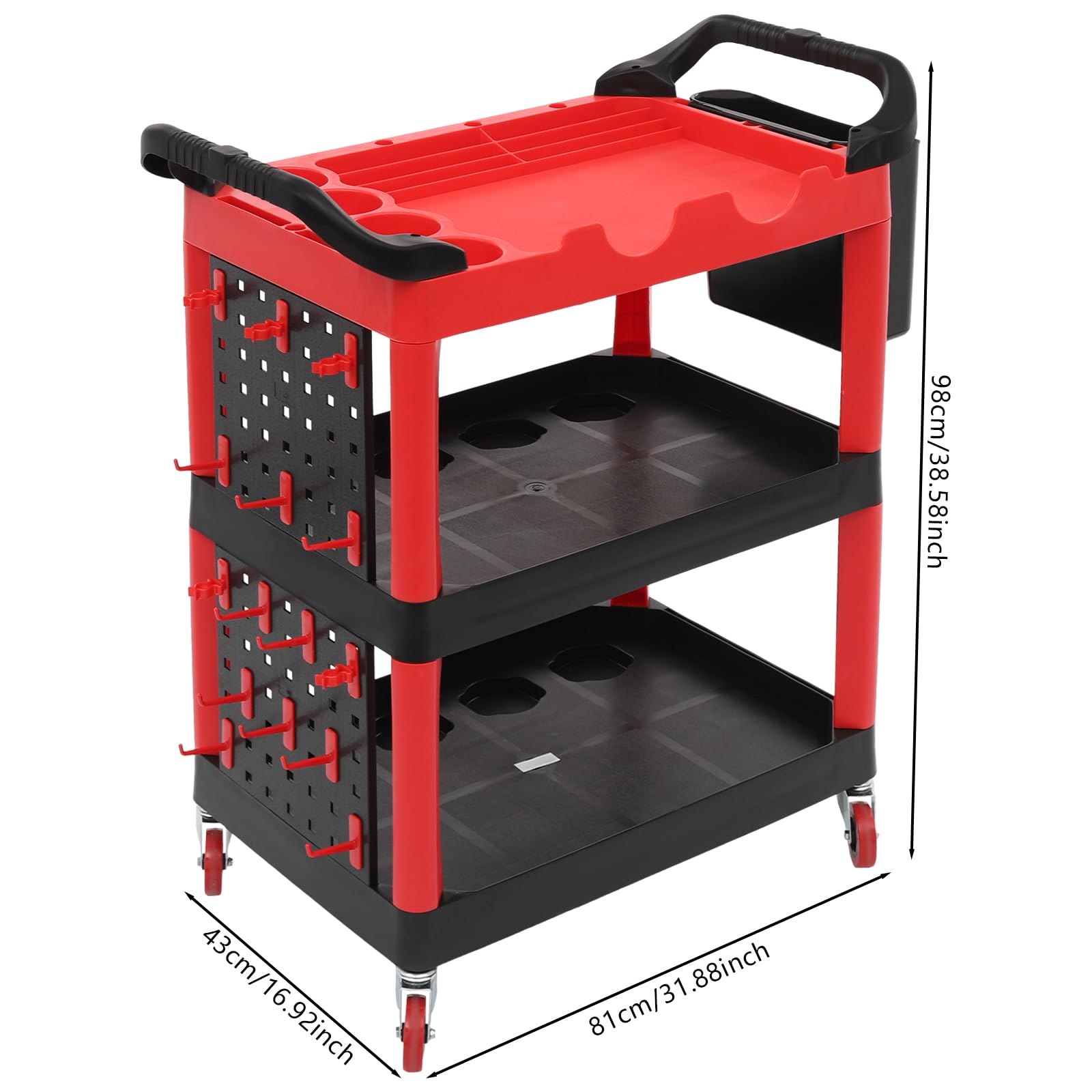300 Lbs Auto Detailing Cart with Wheels, 3 Tier Rolling Detail Cart with Long Hanging Plate & Hooks & Hanging Bucket, Car Wash Organizer Cart for Detailers Garage, Workshop, Repair Shop, Storage Tool