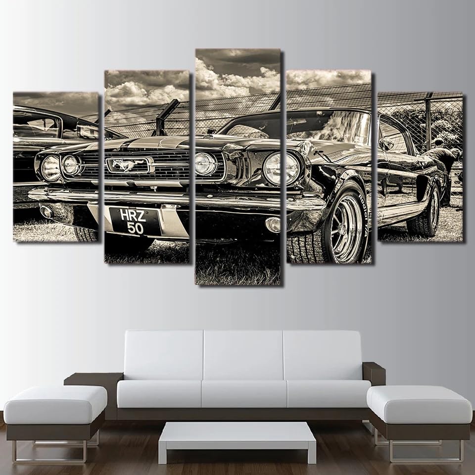Tableau Mustang 1965 de 200x100 cm, une décoration murale en 5 parties pour salon.