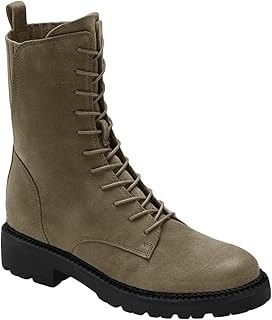 Women's Lace up Platform Combat Boots Lug Sole Mid Calf Leather Boots Side Zipper Block Chunky Heeled Chelsea Booties