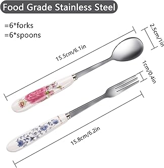 12 Pieces Forks and Spoons with Ceramics Handle, Stainless Steel Utensils Dessert Spoons and Forks Set for 6, Cutlery Set with Flower Pattern, Flatware Sets for Home Restaurant and Kitchen