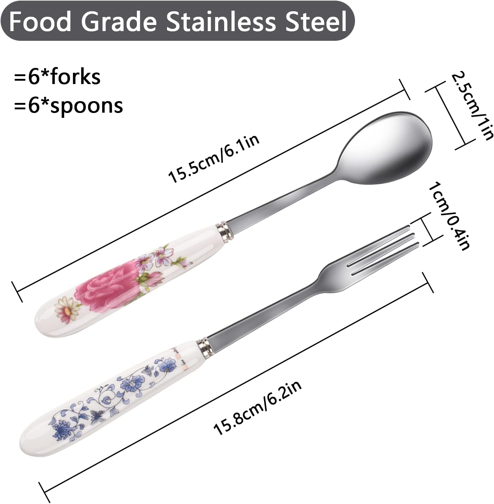 JEPELUS 12 Pieces Forks and Spoons with Ceramics Handle, Stainless Steel Utensils Dessert Spoons and Forks Set for 6, Cutlery Set with Flower Pattern, Flatware Set for Home Restaurant and Kitchen