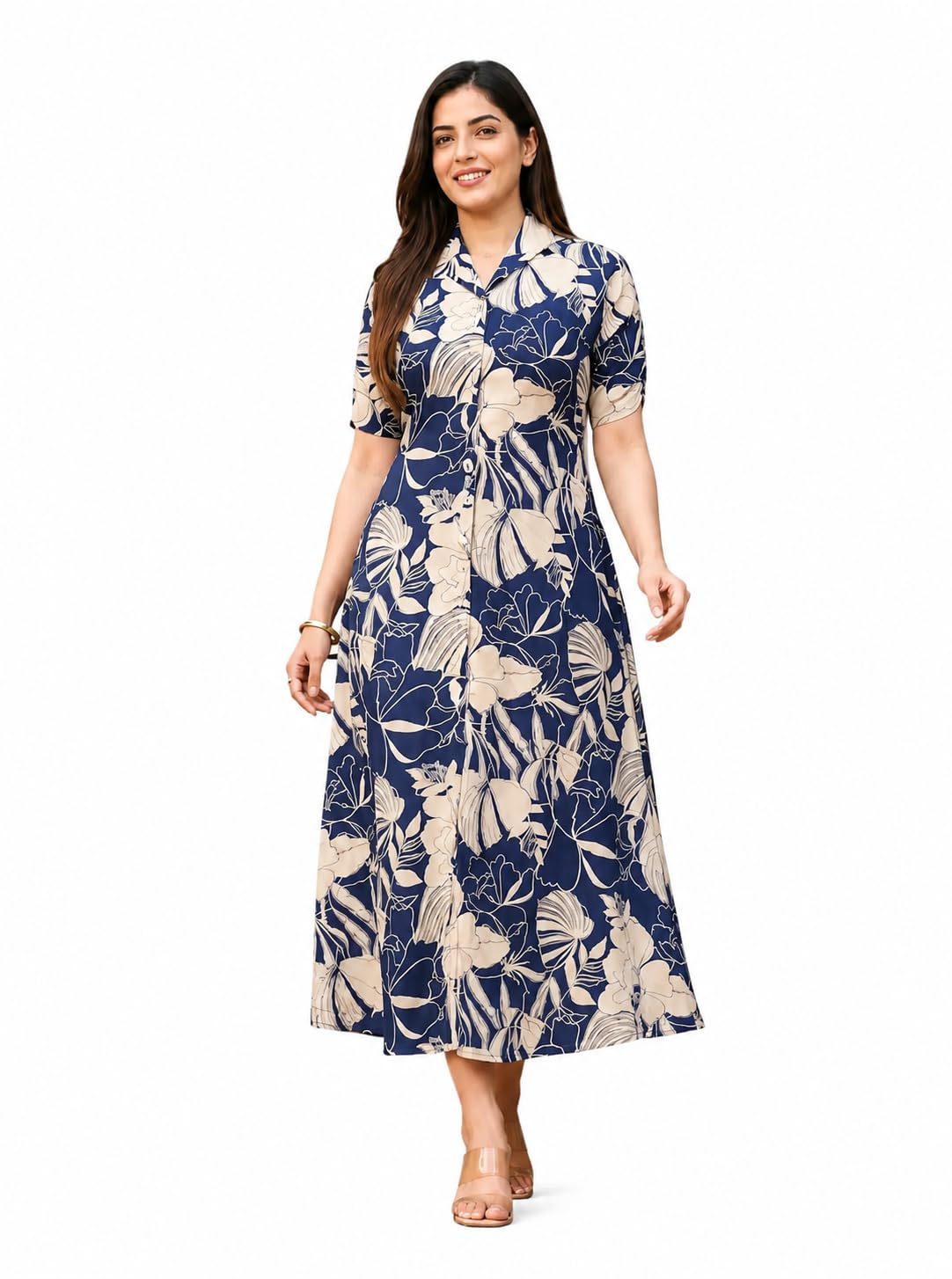 bhamo Women's Navy Blue & White Floral Printed Fit & Flare Midi Dress with Front Buttons and Shirt Collar-picture-34