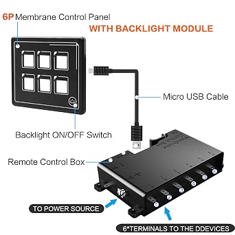 6 Gang Touch Membrane Switch Panel Backlight LED Panel Programmable Momentary Button Switch with Electrical Control Box Waterproof Toggle Switch Box for Car Marine Rv Boat