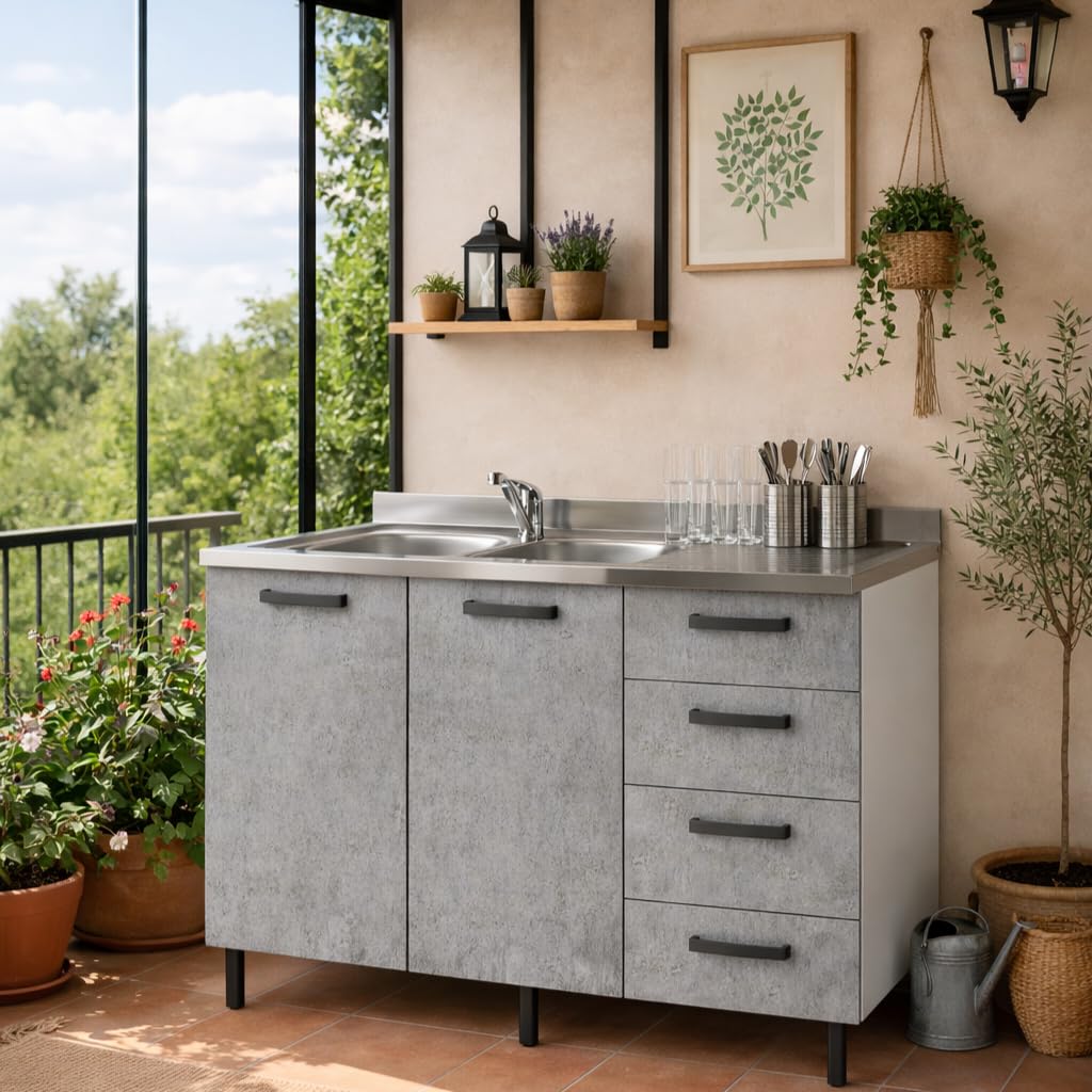 Sottolavello 120 Solo Mobile Cucina con 4 Cassetti e 2 Ante in Legno Made in Italy H85xL120xP50 cm Facile da Montare (Vasca a Sinistra, Cemento)