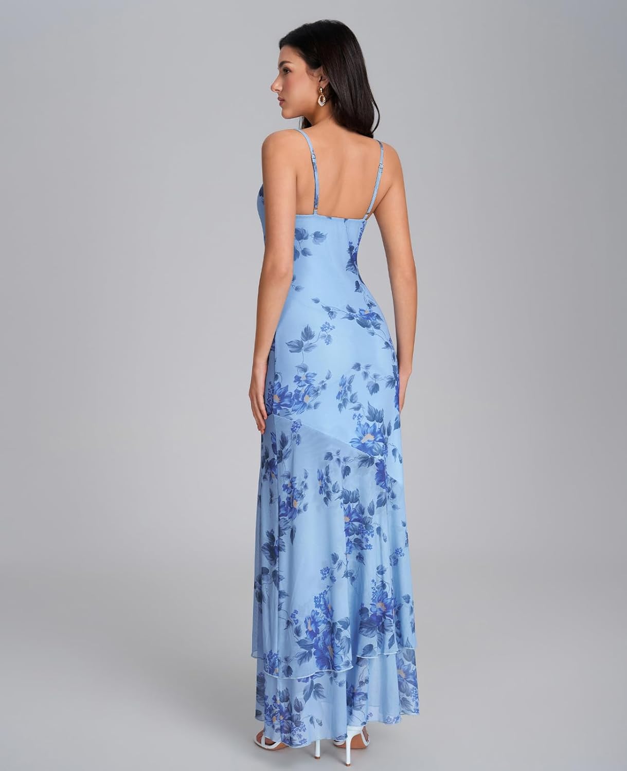 XinFSh Women's Floral Wedding Guest Maxi Dress Spaghetti Strap Ruffle Bodycon Elegant Long Formal Cocktail Party Dresses