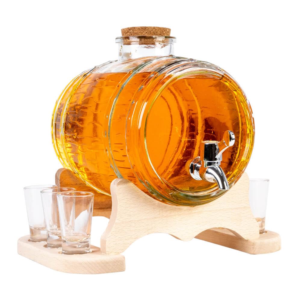 Getränkespender Fass mit Zapfhahn (3L) inkl. 6 Gläser - Fassförmiger Getränkespender Aus Glas - Schnapsspender - Schnaps Spender mit Holzständer - Wasserspender mit Hahn