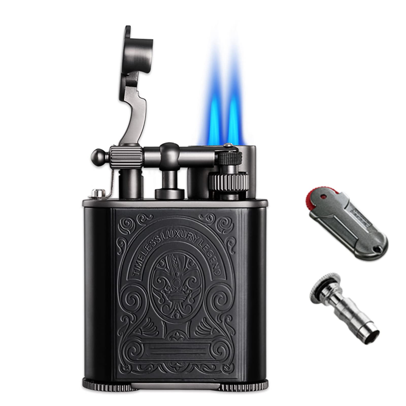 Encendedor de Llama Azul, Recargable, a Prueba de Viento, Encendedores de Cigarros, Patrón de Grabado Vintage, Bronce Retro con Encendedor de Pedernal, Juego de Regalo