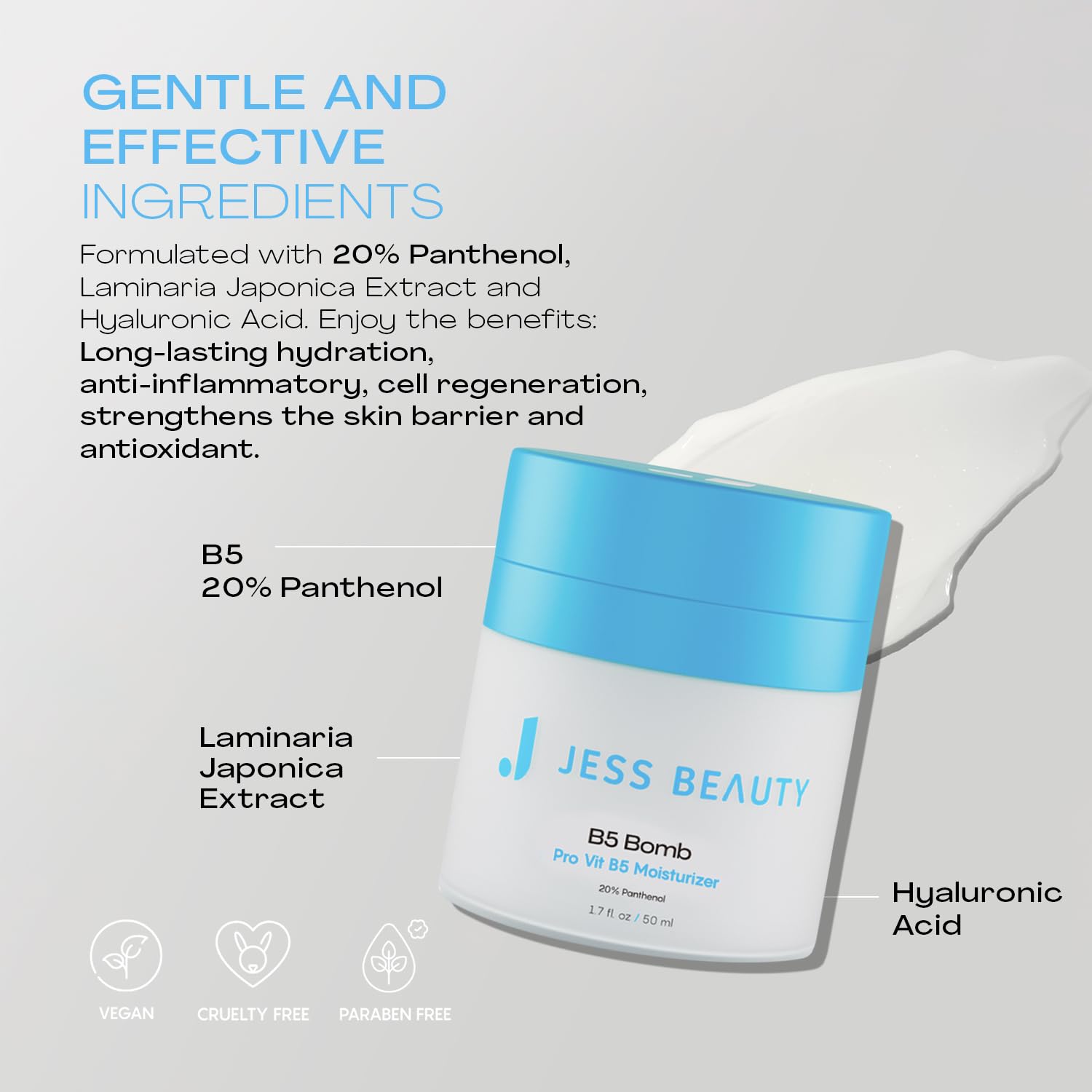 JESS BEAUTY B5 Bomb Face Moisturizer, 20% Panthenol with Hyaluronic Acid & Vitamin E