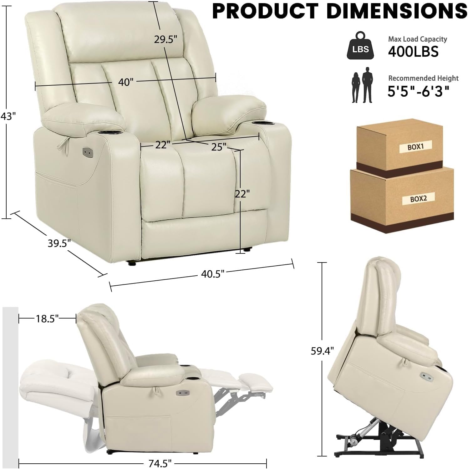 Recliner Sofa with Genuine Leather Upholstery, Oversized Power Lift, Heat and Massage, Remote Control, USB Charging Ports, Cup Holders, and Infinite Position Recline Comfort