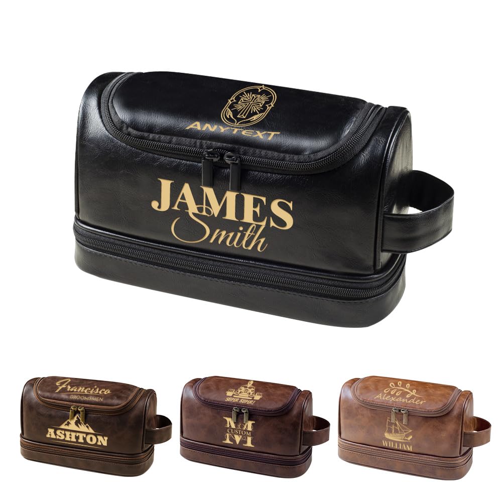 HDSD Personalized Travel PU Leather Toiletry Bag for Men Hanging Custom Groomsmen Gifts Cosmetic and Toiletries Bag (Black)