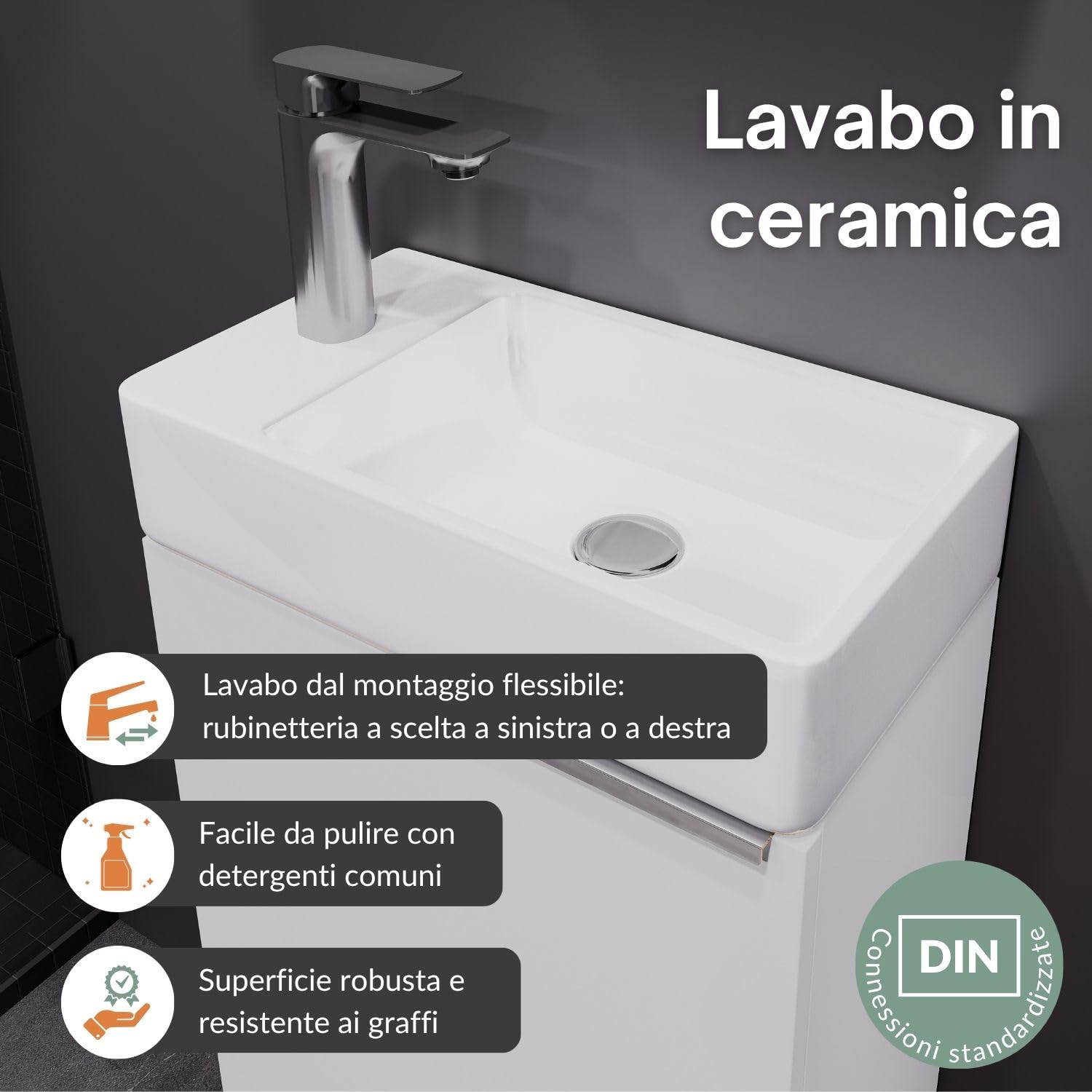Planetmöbel Mobile bagno sottolavabo 40 cm con rubinetto cromata, mobiletto bagno con lavabo per bagni piccoli, WC ospiti, bianco