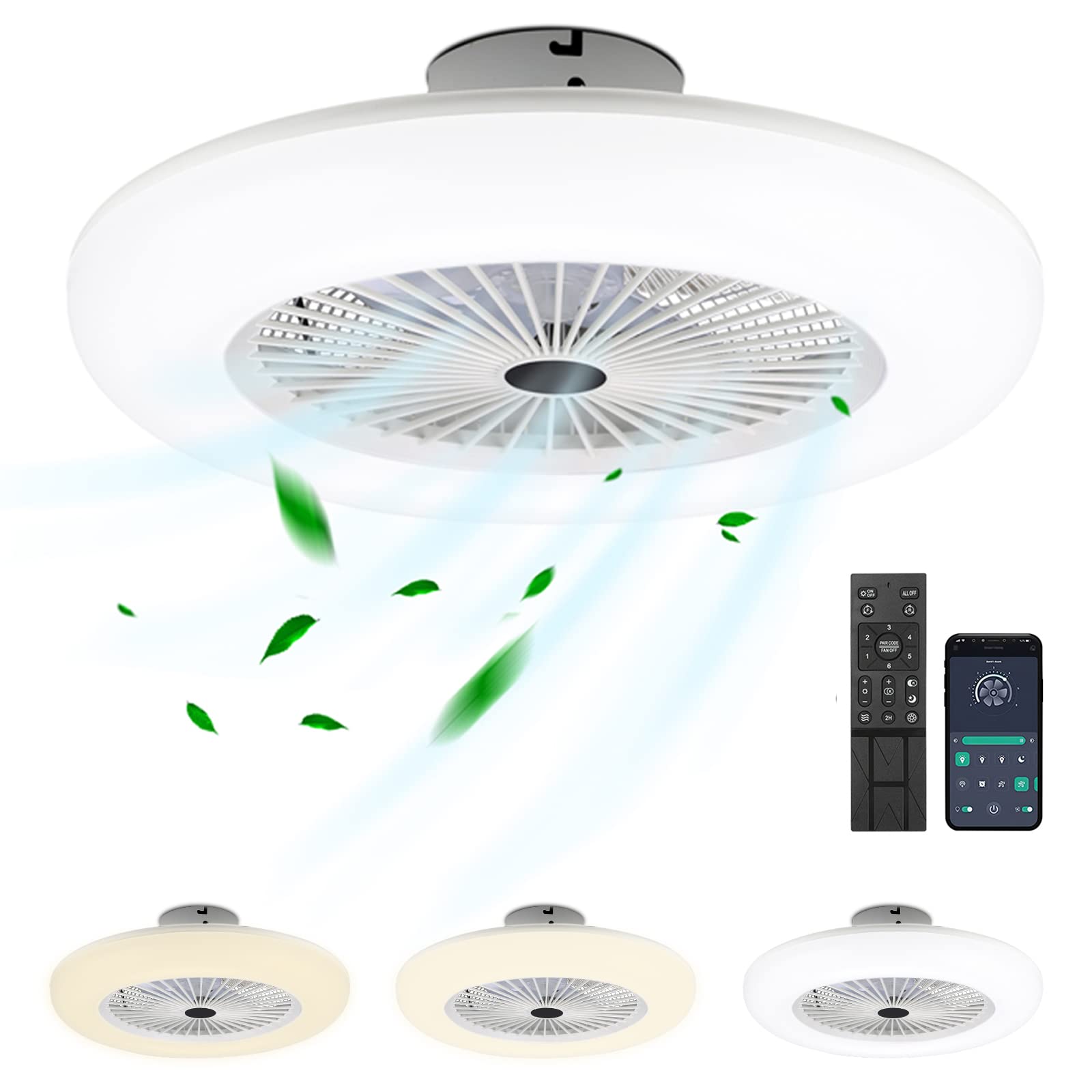 Ventilatore da Soffitto con Luce e Telecomando, 80W Smart LED Dimmable Ventilatori da Soffitto 3 Light Color Change e 6 Velocità Della Ventola per Camera da Letto Soggiorno