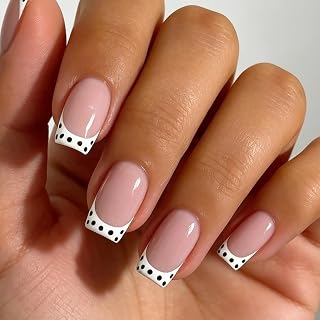 False Nails Court MouyouGlow, Square White Dots French Leaves Nude Pink Base Design Prints on Nails, White Polka Dots Tips Natural Pink Summer INS Artificial Acrylic Fake Nails