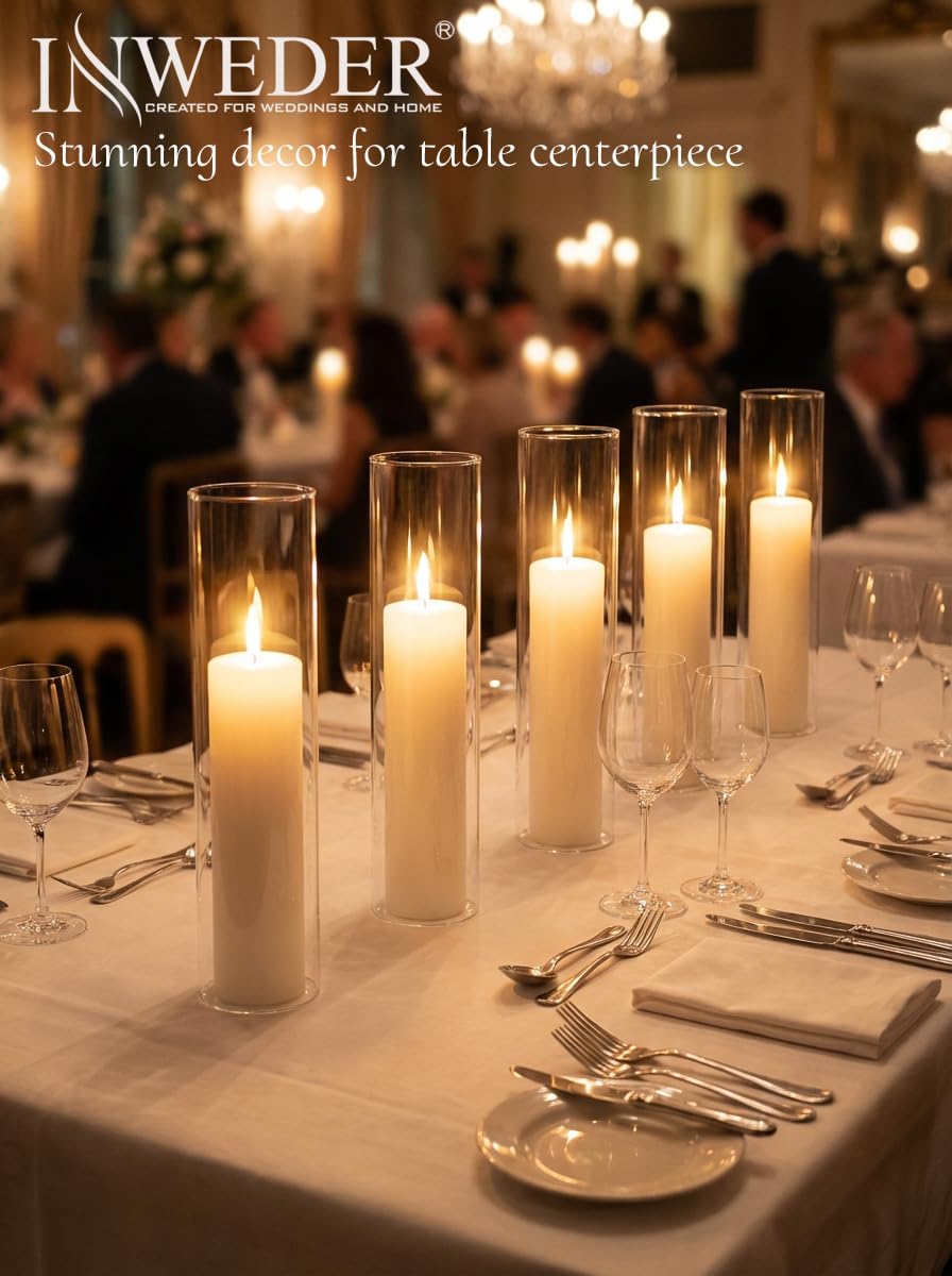 Portacandele Uragano in Vetro Transparente: 6,5 x 30,5 cm Portacandele a Cilindro per Centrotavola Natalizio Set di 6 Paralumi Senza Fondo per Camino Matrimoni Festa