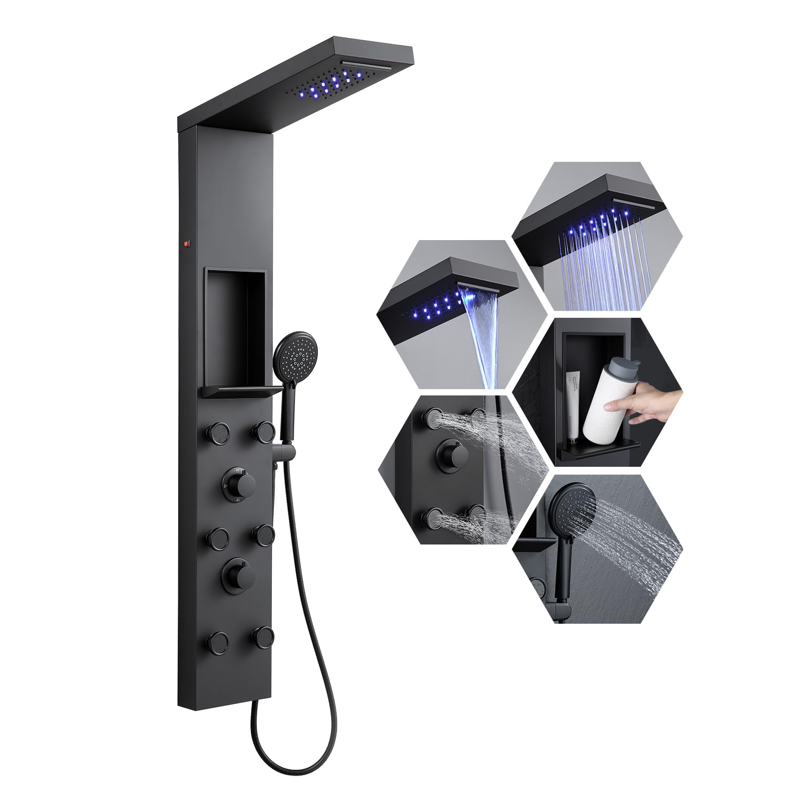 Pannello doccia con rubinetto e ripiano LED nero opaco, 4 modalità colonna doccia a pioggia e cascata, 6 getti massaggianti regolabili, doccetta a mano, colonna doccia in acciaio inox