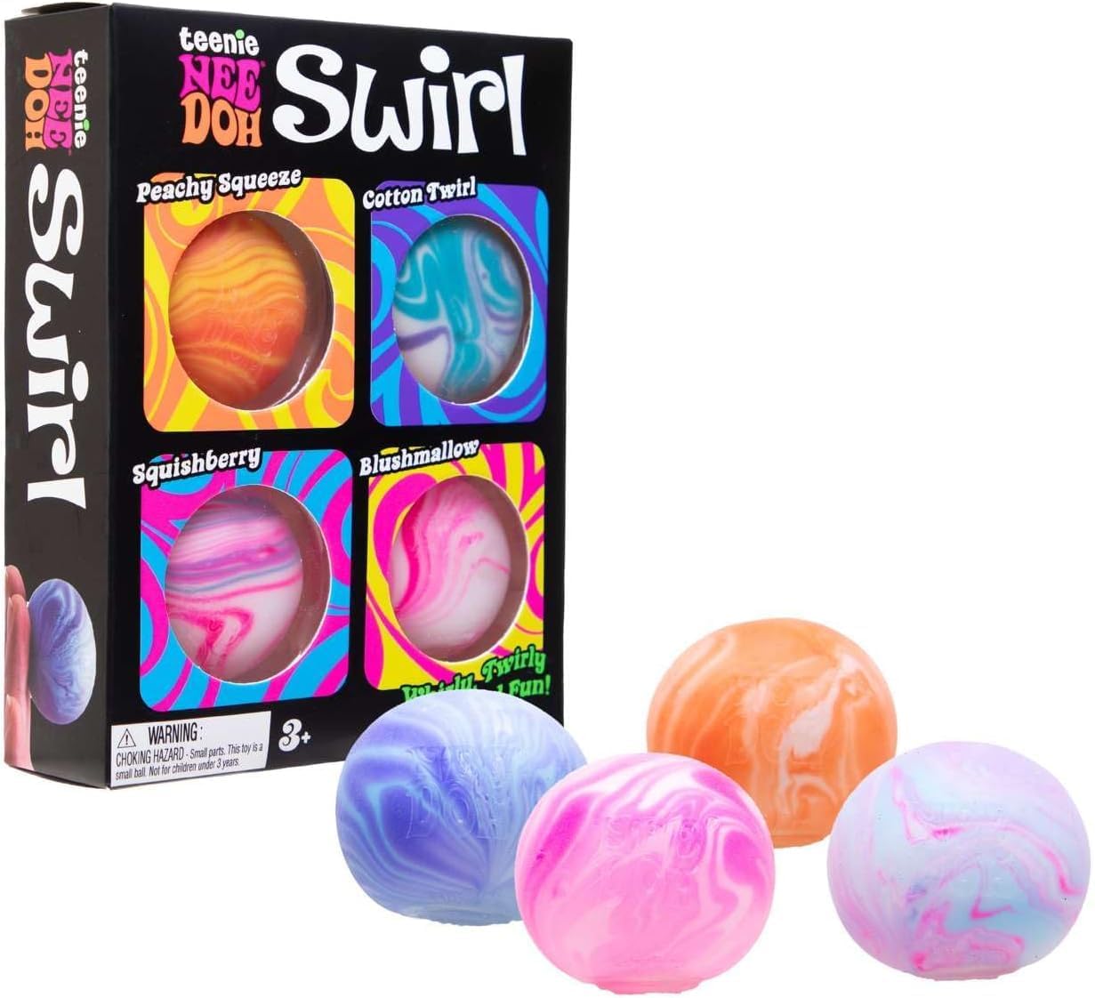 Nee Doh Swirl Teenie Multipack, 4 Assorted Colours/Styles Per Pack - Dough Till, Transparent with Marble Swirls Painted Inside