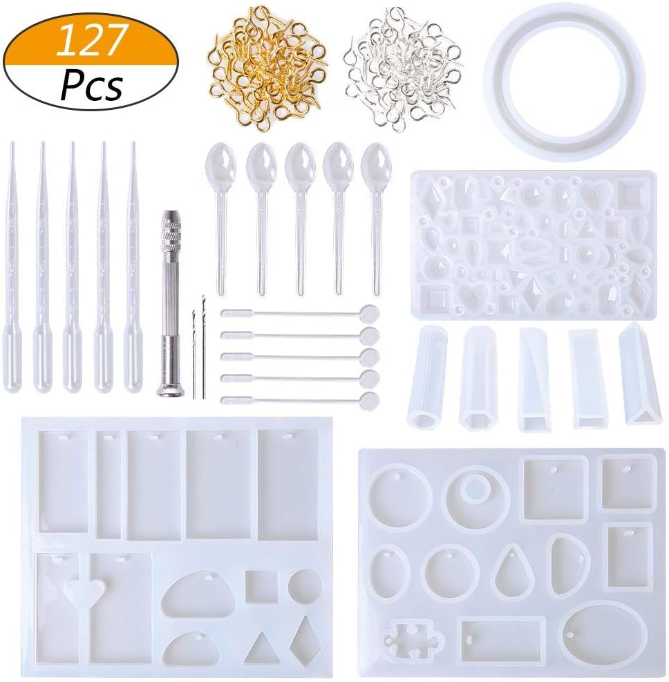 Fanxieast Resin Casting Silicone Polyurethane Moulds and Tools Set, Stirrers, Droppers, Spoons, Hand Twist Drill and Screw Eye Pins for Pendant Jewelry Making -127 Pieces