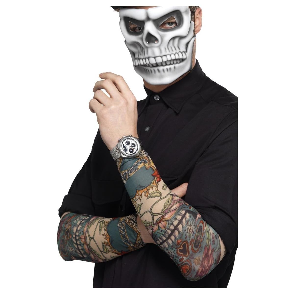 Smiffys Day of the Dead Tattoo Sleeve, Multi-Coloured 2 Pack, Mexican Day of The Dead/Sugar Fancy Dress, Adult Dress Up Cosmetics & Disguises.