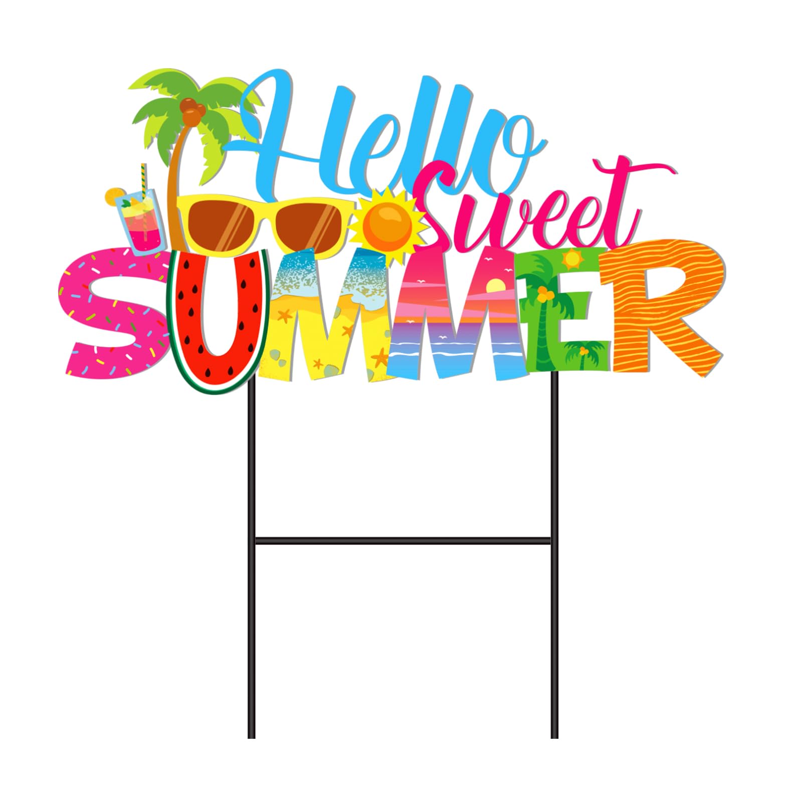 Amyhill Hello Sweet Summer Metal Garden Stakes Hawaiian Style Outdoor Yard Decorations with Stakes Tropical Beach Pool Decor Sign for Home Lawn Porch Backyard Holiday Decor