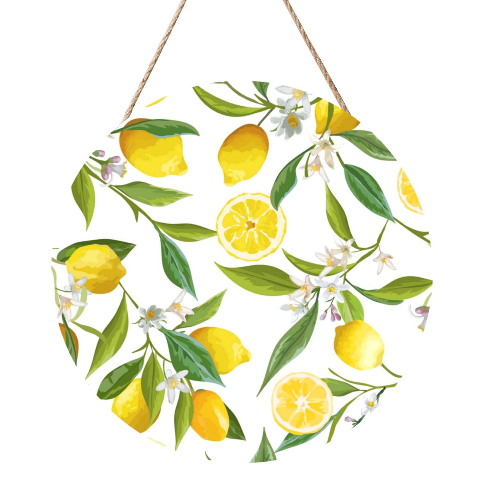 InOmak Lemon Fruit Florals, Round Wood Panel Painting 12 in, Wall Hanging Painting For Home