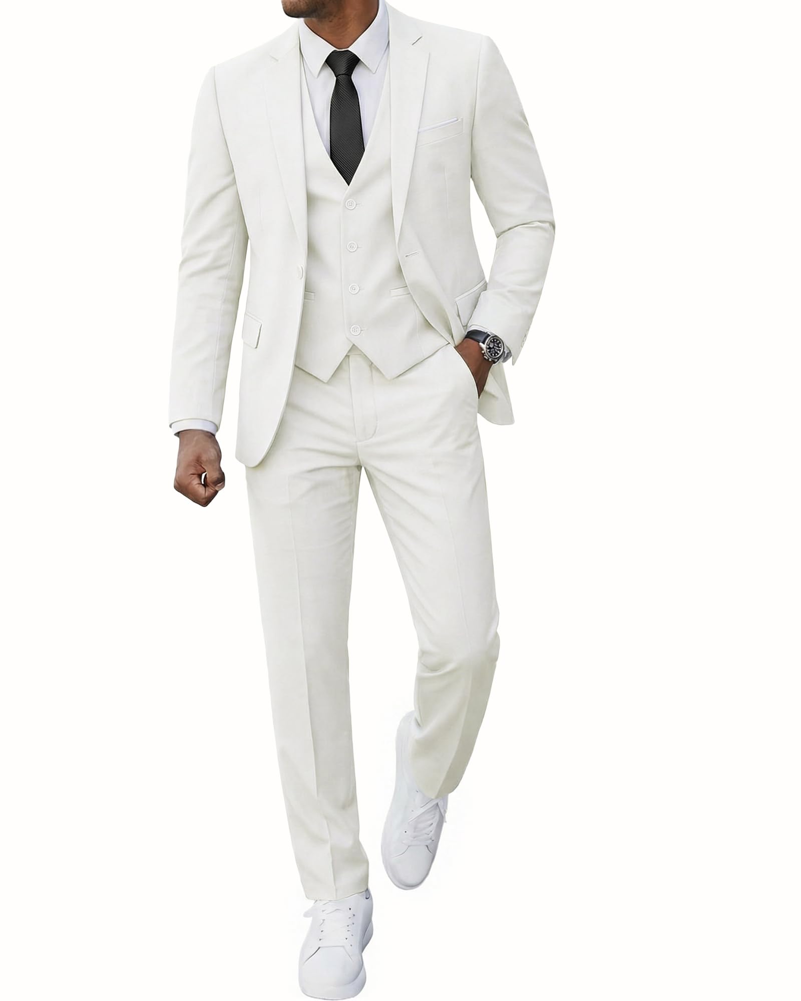 Men’s 3 Piece Suit Blazer, Slim Fit Tux with One Button, Jacket Vest Pants & Tie Set for Party, Wedding and Business