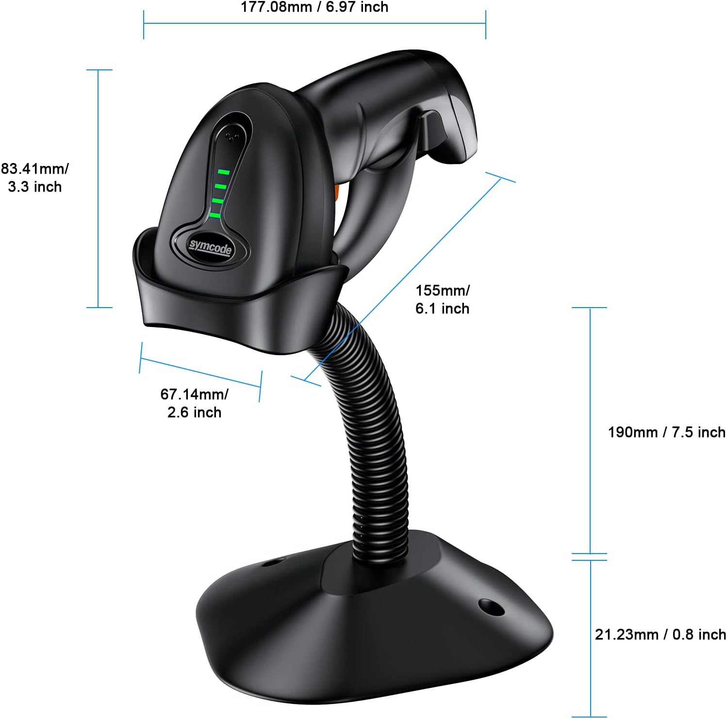 Image displaying the dimensions of the Symcode MJ-4590 barcode scanner and its stand in both millimeters and inches.