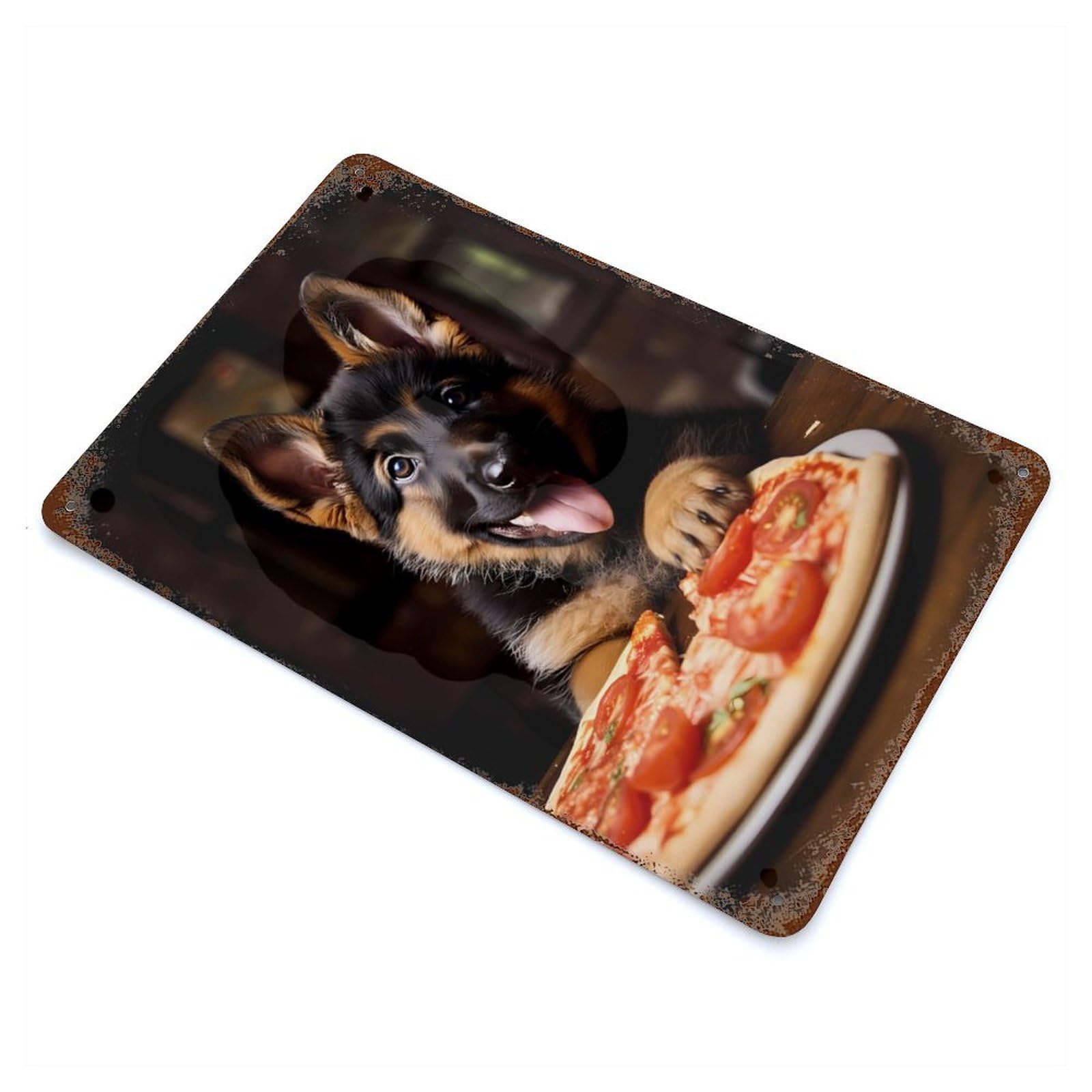 Rusty Metal Tin Sign German Shepherd Pizza Pup 11.8"x7.9", Industrial Home Decor for Patio, Garden Room And Bar Decor